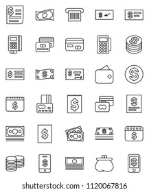 thin line vector icon set - credit card vector, cash, coin stack, check, receipt, dollar calendar, money, wallet, reader, tap pay