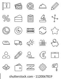 thin line vector icon set - dish vector, cereal, cake, pencil, microscope, constellation, wallet, piggy bank, target, euro sign, measuring, shorts, pool, attention, money, delivery, clipboard, login