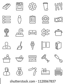 thin line vector icon set - scraper vector, scoop, trash bin, water tap, pan, scales, whisk, student, clipboard, exchange, gold ingot, cash, money bag, man, binder, hand trainer, medal, attention