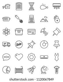 thin line vector icon set - skimmer vector, grater, chicken leg, atom, table lamp, clipboard, paper pin, pie graph, sand clock, swimsuite, shuttlecock, music hit, satellitie, video camera, heart