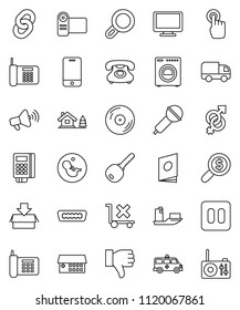 thin line vector icon set - money search vector, phone, ship, no trolley, disk, microphone, loudspeaker, mobile, touchscreen, monitor, finger down, pause button, hdmi, gender sign, pregnancy, chain