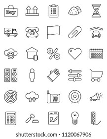thin line vector icon set - rubber glove vector, garbage pile, flag, auction, target, man, sand clock, clipboard, calendar, phone, top sign, heart, cloud exchange, equalizer, attachment, garage, buy