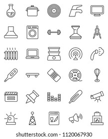 thin line vector icon set - water tap vector, car fetlock, steaming, pan, drawing compass, telescope, notebook pc, paper pin, flask, barbell, punching bag, skateboard, cinema clap, film spool, disk