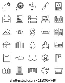 thin line vector icon set - water drop vector, copybook, backpack, personal information, constellation, dollar flag, calendar, sign, shorts, warehouse, flammable, barcode, hdmi, eye, broken bone