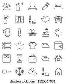 thin line vector icon set - iron vector, toilet brush, sprayer, jug, microscope, school bus, world, wallet, sand clock, tie, scales, pills, pool, heart, syringe, loading, key, house, star, home