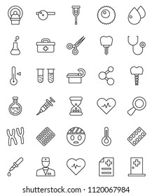 thin line vector icon set - thermometer vector, heart pulse, molecule, doctor bag, flask, vial, magnifier, syringe, dropper, crutches, scissors, sand clock, stethoscope, pills blister, eye hat