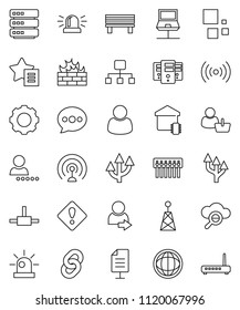 thin line vector icon set - world vector, antenna, connect, notebook network, cloud glass, big data, server, gear, firewall, hub, favorites, message, bench, loading, chain, hierarchy, route arrow