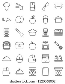 thin line vector icon set - pan vector, camping cauldron, scales, cook hat, glove, timer, press, skimmer, spatula, cutting board, grater, toaster, double boiler, spices, plates, dish, egg, mushroom
