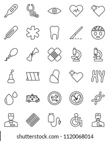 thin line vector icon set - heart cross vector, ambulance star, disabled, pulse, doctor, thermometer, flask, eye, dna, pregnancy, scalpel, broken bone, patch, stethoscope, pills blister, microscope