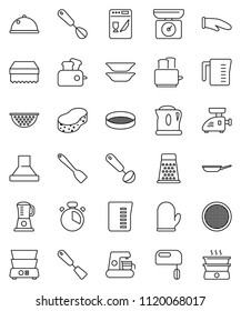thin line vector icon set - sponge vector, pan, colander, measuring cup, cook glove, timer, whisk, spatula, ladle, grater, toaster, double boiler, plates, sieve, dish, dishwasher, mixer, hood