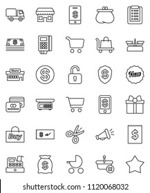 thin line vector icon set - cart vector, receipt, gift, credit card, dollar coin, wallet, cash, money bag, new, store, mall, buy, reader, cashbox, basket, shopping list, trolley, delivery, unlock