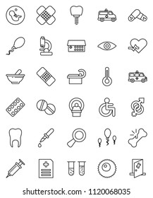 thin line vector icon set - disabled vector, heart pulse, thermometer, vial, eye, gender sign, magnifier, pregnancy, syringe, dropper, broken bone, patch, pills, blister, mortar, microscope, sperm