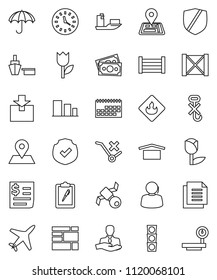 thin line vector icon set - navigator vector, map pin, plane, satellite, money, traffic light, support, client, ship, clock, calendar, receipt, port, wood box, consolidated cargo, clipboard, dry