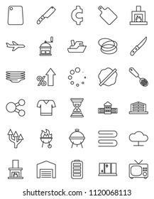 thin line vector icon set - towel vector, splotch, plates, shining window, skimmer, knife, cutting board, hand mill, bbq, school building, percent growth, sand clock, cent sign, t shirt, hoop, plane