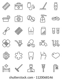 thin line vector icon set - rake vector, water tap, liquid soap, pills vial, buttocks, heart monitor, first aid kit, no trolley, doctor bag, ambulance star, crutches, broken bone, patch, blister