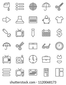 thin line vector icon set - ladle vector, mixer, glasses, piggy bank, case, clock, tie, calendar, dollar sign, shorts, swimsuite, t shirt, target, umbrella, radio, tv, scissors, menu, arrow, hood