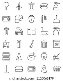 thin line vector icon set - soap vector, cleaner trolley, broom, fetlock, mop, scoop, sponge, towel, trash bin, window cleaning, toilet, liquid, paper, microwave oven, tooth implant, windmill, bath