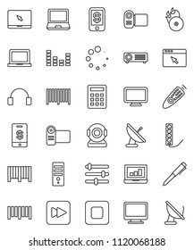 thin line vector icon set - pen vector, notebook pc, laptop graph, barcode, music hit, equalizer, remote control, headphones, stop button, forward, browser, loading, calculator, tap pay, monitor