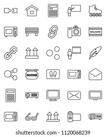 thin line vector icon set - welcome mat vector, microwave oven, pen, blackboard, glasses, calculator, roller Skates, top sign, monitor, link, mail, share, bench, connection, rooms signboard, home