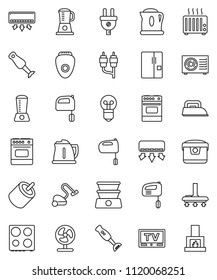 thin line vector icon set - vacuum cleaner vector, kettle, mixer, oven, blender, tv, rca, ari condition, fridge, power plug, iron, multi cooker, epilator, air conditioner, fan, double boiler, heater