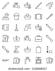 thin line vector icon set - plunger vector, water tap, bucket, car fetlock, toilet brush, pan, kettle, measuring cup, cook press, whisk, spatula, case, hand trainer, scalpel, supply, shopping bag