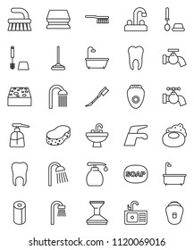 thin line vector icon set - soap vector, water tap, fetlock, mop, sponge, car, bath, toilet brush, liquid, paper, shower, sink, tooth, epilator