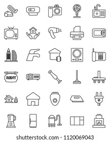 thin line vector icon set - water tap vector, vacuum cleaner, mop, house hold, sink, home, chalet, rent signboard, office building, fridge, tv, smart, power plug, iron, microwave oven, blender, fan