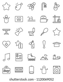 thin line vector icon set - welcome mat vector, toilet, kettle, apron, chicken leg, music, annual report, roller Skates, shuttlecock, attention, ship, dry cargo, battery, heart cross, broken bone