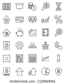 thin line vector icon set - abacus vector, graph, pie, percent growth, piggy bank, dollar, coin stack, check, annual report, building, calculator, money search, target, man, binder, sand clock, tie