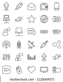 thin line vector icon set - satellite antenna vector, music hit, loudspeaker, settings, equalizer, video camera, microphone, remote control, internet, dialog, speaking man, monitor, favorites, heart