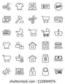 thin line vector icon set - cart vector, laptop graph, office, credit card, cash, money bag, sale, mall, customer, support, basket, home, shopping list, auction, loudspeaker, unlock, check, coupon