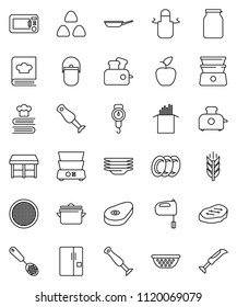 thin line vector icon set - plates vector, pan, camping cauldron, colander, scales, apron, skimmer, mixer, double boiler, cookbook, blender, sieve, jar, cereal, pasta, steak, apple fruit, cereals