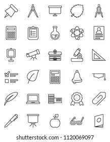 thin line vector icon set - graduate hat vector, pen, university, school building, corner ruler, drawing compass, glasses, apple fruit, atom, telescope, microscope, bell, calculator, notebook pc