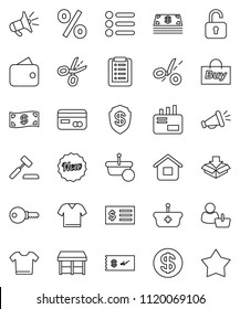 thin line vector icon set - receipt vector, credit card, dollar coin, wallet, cash, new, percent, market, customer, buy, basket, home, shopping list, auction, mail, loudspeaker, unlock, check, menu