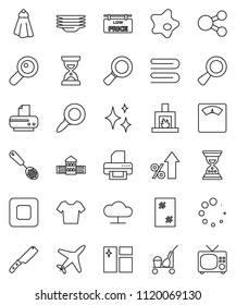thin line vector icon set - cleaner trolley vector, towel, shining, window cleaning, splotch, plates, skimmer, knife, school building, magnifier, percent growth, sand clock, scales, t shirt, plane