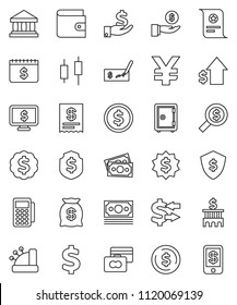 thin line vector icon set - certificate vector, bank, exchange, dollar coin, japanese candle, credit card, wallet, investment, growth, check, building, money search, medal, shield, safe, calendar