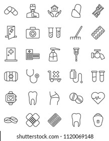 thin line vector icon set - rake vector, water tap, liquid soap, house hold, heart pulse, buttocks, monitor, first aid kit, no trolley, vial, crutches, patch, stethoscope, pills, blister, bandage