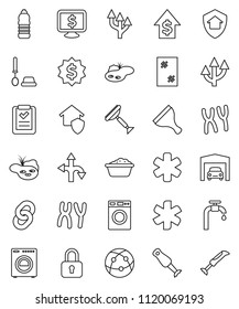 thin line vector icon set - scraper vector, window cleaning, toilet brush, washer, foam basin, blender, dollar growth, medal, monitor, water bottle, route, internet, ambulance star, chromosomes