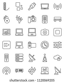 thin line vector icon set - notebook pc vector, laptop graph, clock, music hit, camera, antenna, stop button, forward, hdmi, cloud lock, big data, equalizer, bench, loading, route arrow, wireless