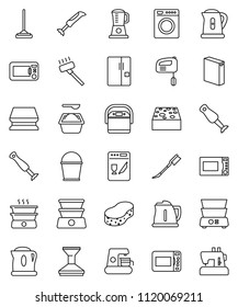 thin line vector icon set - vacuum cleaner vector, mop, bucket, sponge, car fetlock, washing powder, kettle, microwave oven, double boiler, blender, fridge, washer, dishwasher, mixer, coffee maker