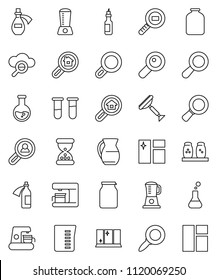 thin line vector icon set - scraper vector, window cleaning, shining, measuring cup, spices, jug, jar, oil, magnifier, flask, cargo search, vial, sand clock, potion, cloud glass, estate, client