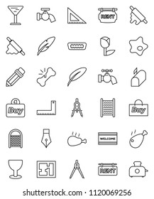thin line vector icon set - water tap vector, splotch, welcome mat, washboard, rolling pin, chicken leg, pen, pencil, corner ruler, drawing compass, glass, tulip, hdmi, broken bone, plan, mailbox