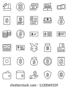 thin line vector icon set - dollar coin vector, credit card, wallet, cash, money bag, investment, stack, check, receipt, shield, any currency, yen sign, cashbox