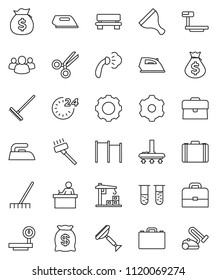 thin line vector icon set - scraper vector, vacuum cleaner, rake, iron, steaming, student, case, money bag, horizontal bar, big scales, group, vial, scissors, gear, bench, construction crane