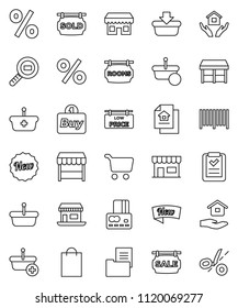 thin line vector icon set - house hold vector, cart, credit card, office, cargo search, estate document, sale signboard, rooms, sold, low price, new, shopping bag, percent, market, store, buy, list