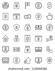 thin line vector icon set - exchange vector, dollar coin, cash, money bag, piggy bank, investment, growth, receipt, medal, flag, shield, calendar, monitor, cursor, sign