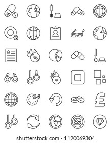 thin line vector icon set - toilet brush vector, glasses, world, personal information, pie graph, pound, pills, no fastfood, gymnast rings, oxygen, earth, music hit, stop button, refresh, undo