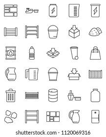 thin line vector icon set - bucket vector, trash bin, garbage pile, measuring cup, jug, jar, enegry drink, water bottle, sea container, port, wood box, consolidated cargo, package, oil barrel