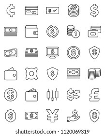 thin line vector icon set - exchange vector, dollar coin, japanese candle, credit card, wallet, cash, investment, stack, shield, monitor, any currency, pound, yen sign, cent, money, check