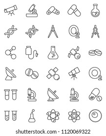 thin line vector icon set - drawing compass vector, atom, telescope, microscope, flask, pills, molecule, oxygen, satellite, antenna, vial, dna, drop counter, ovule
